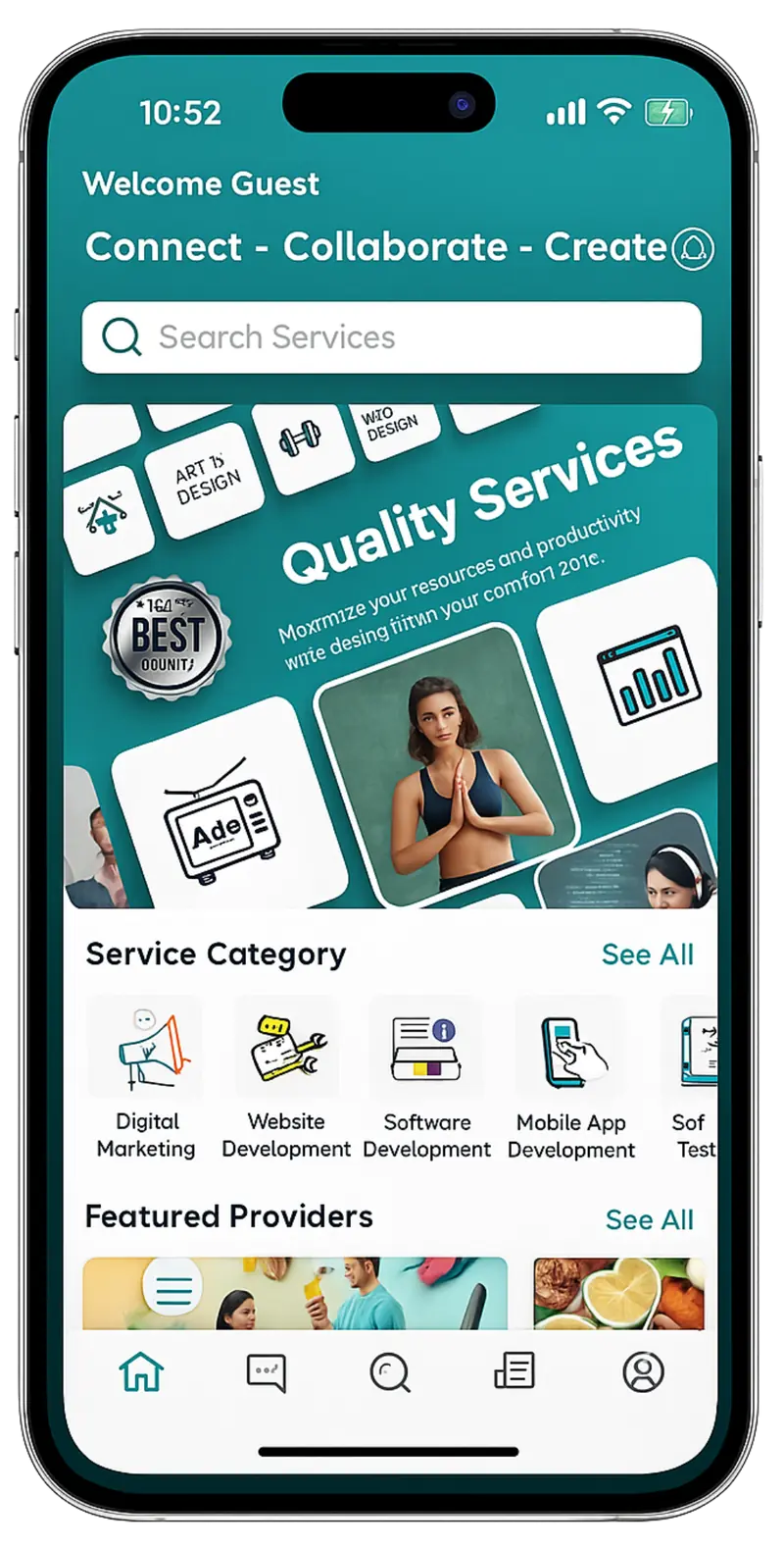The Wizer app home screen with service search and category browsing.