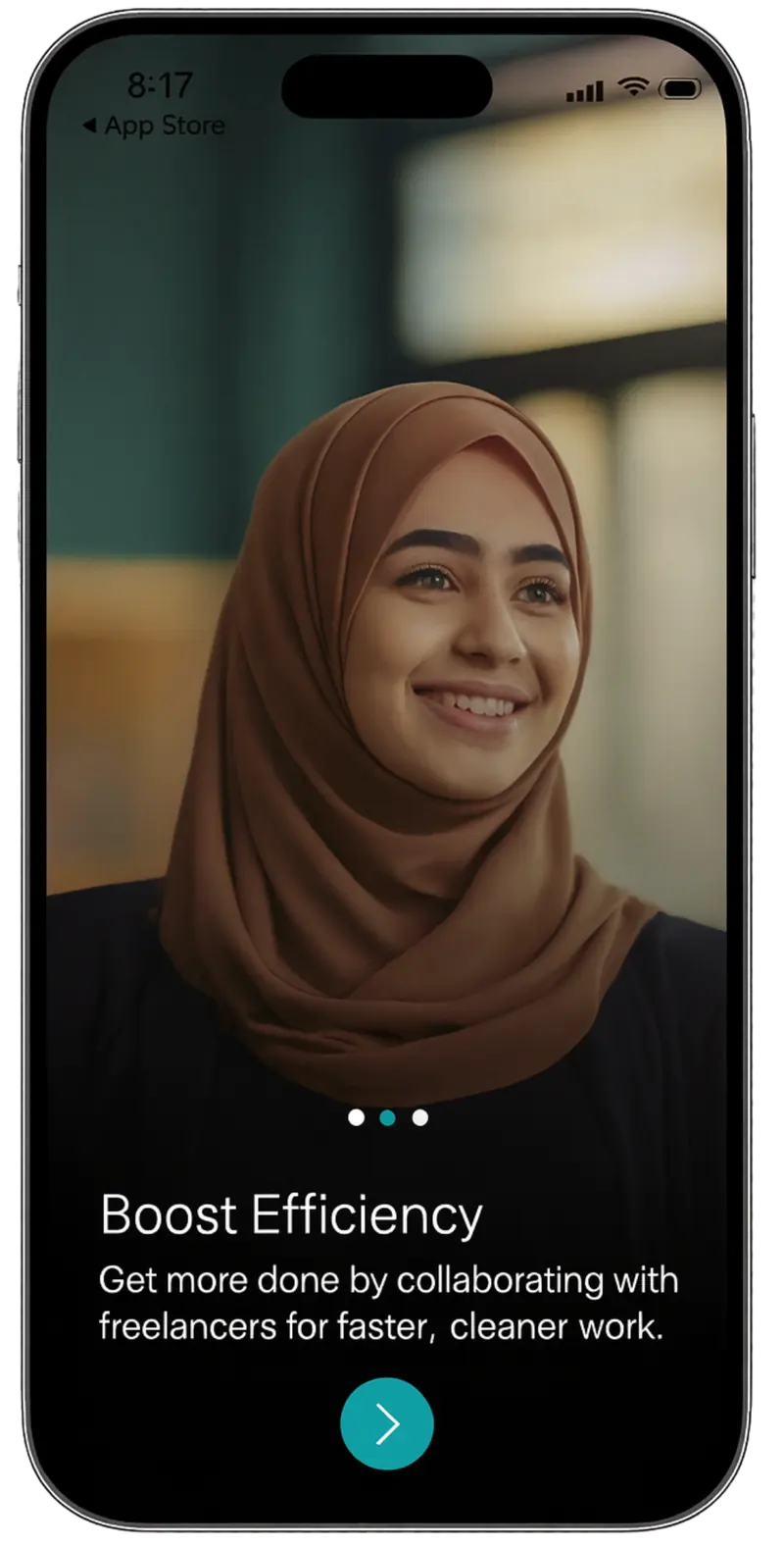 Wizer onboarding screen titled 'Boost Efficiency' — get more done by collaborating with freelancers.