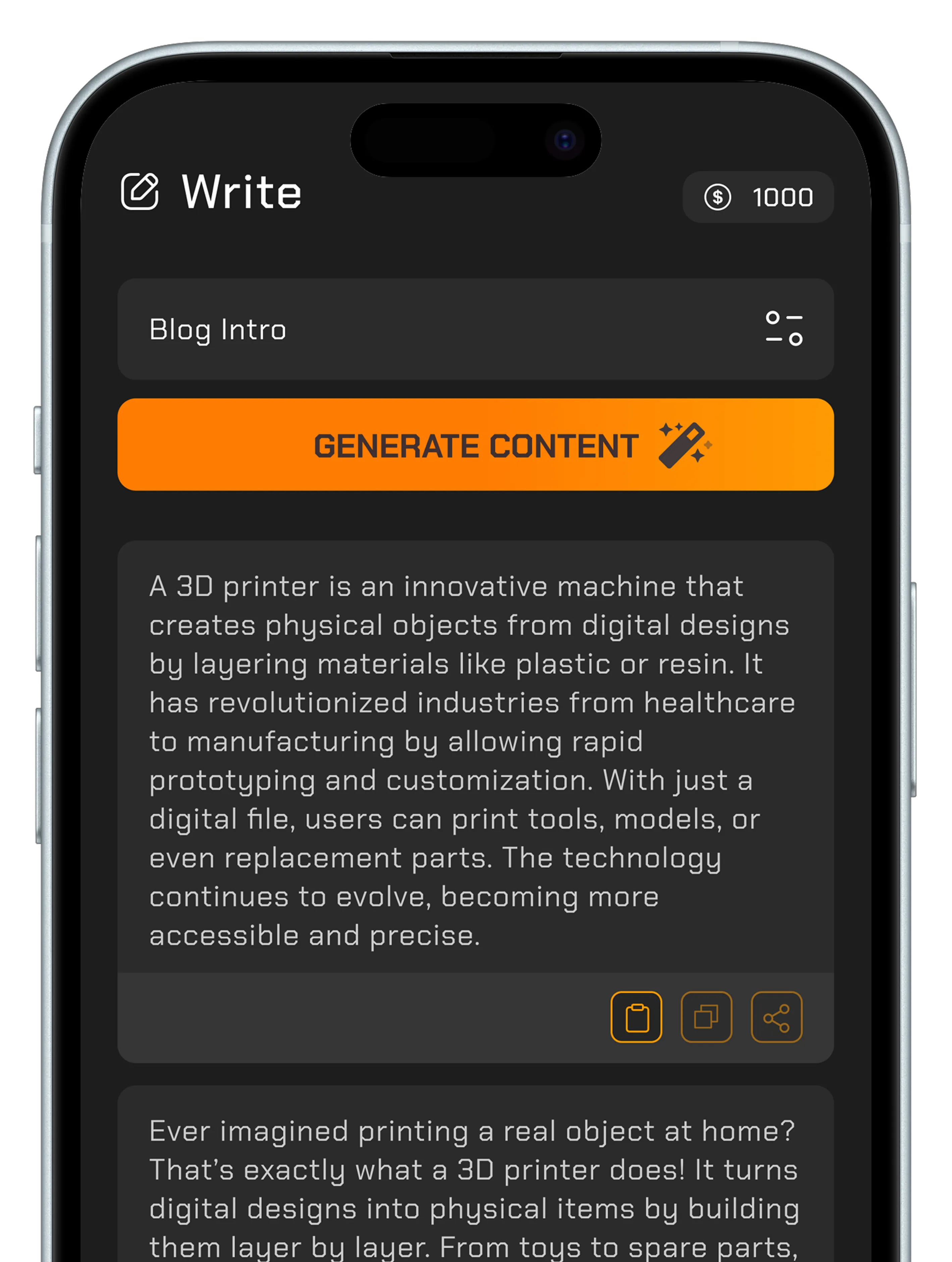 A generated blog intro displayed after submission, with sample text describing a 3D printer.