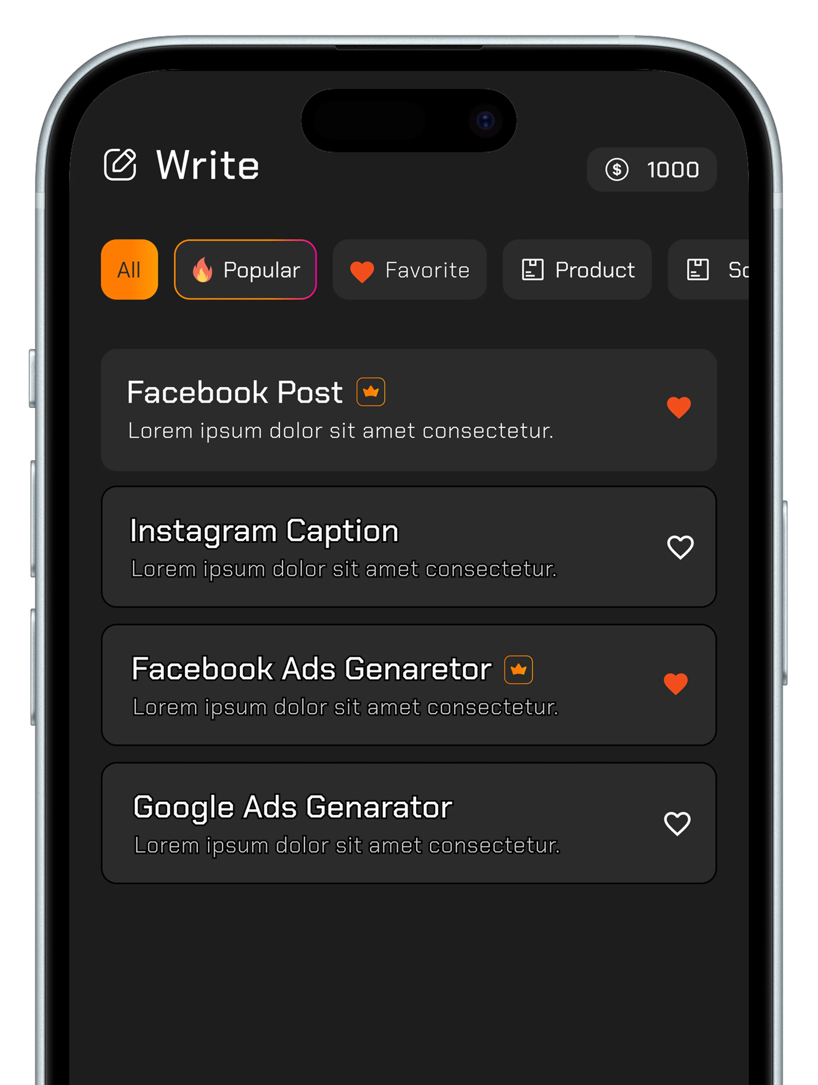 A template selection screen showing options like Facebook Post, Instagram Caption, and Google Ads Generator.