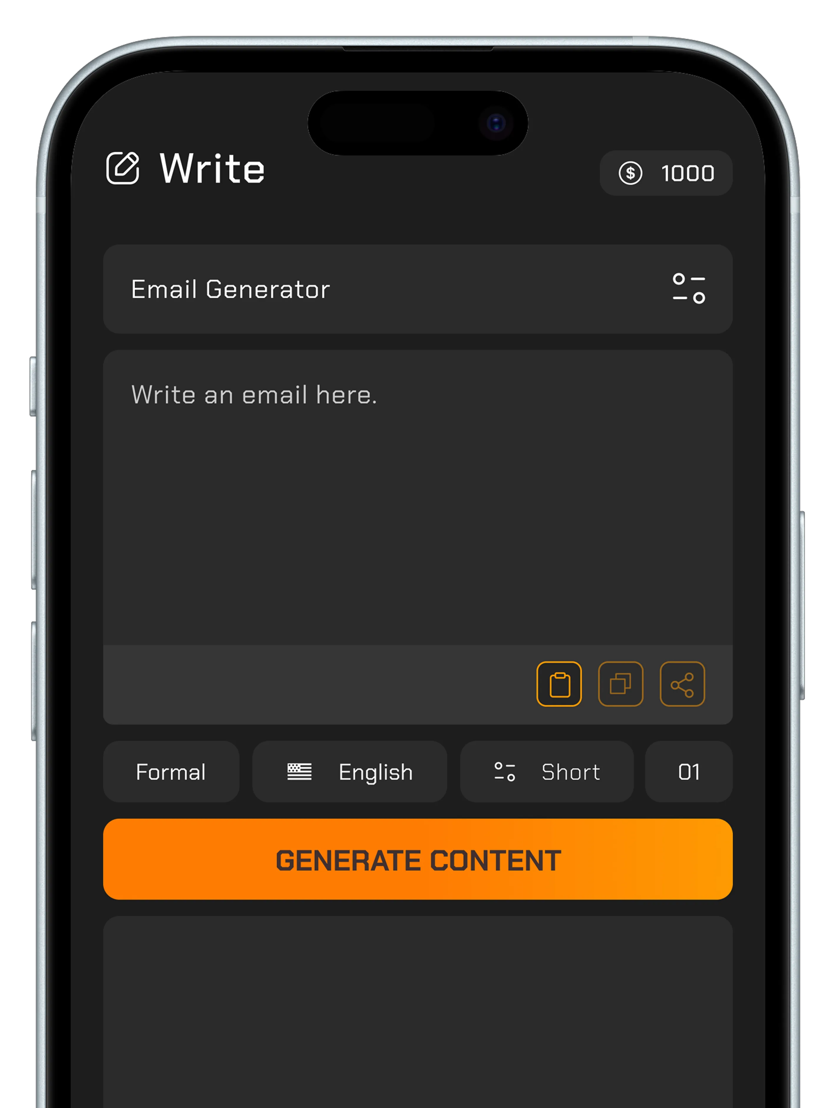 An email generator input screen with language, tone, and length toggles above the "Generate Content" button.